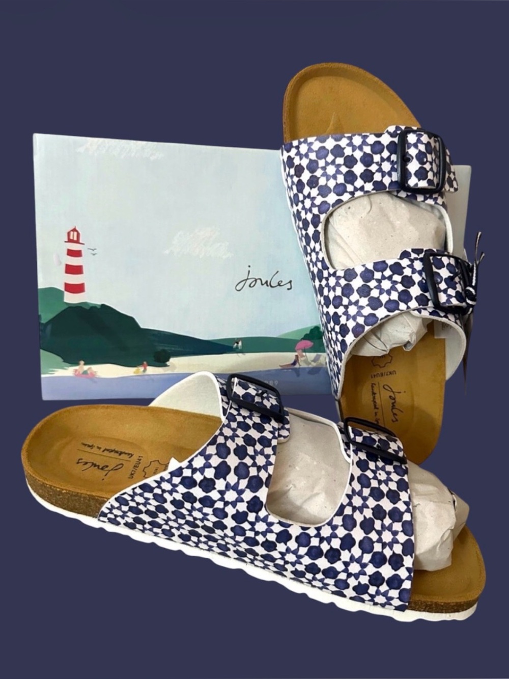 Joules Navy Geo Double-Buckle Slide Sandals EU 41 | US 9.5 - 10 New In Box